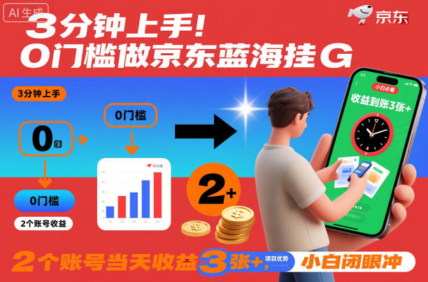 3分钟上手！0门槛做京东蓝海全自动掘金，2个账号当天收益3张+，小白闭眼冲【揭秘】-优创项目网