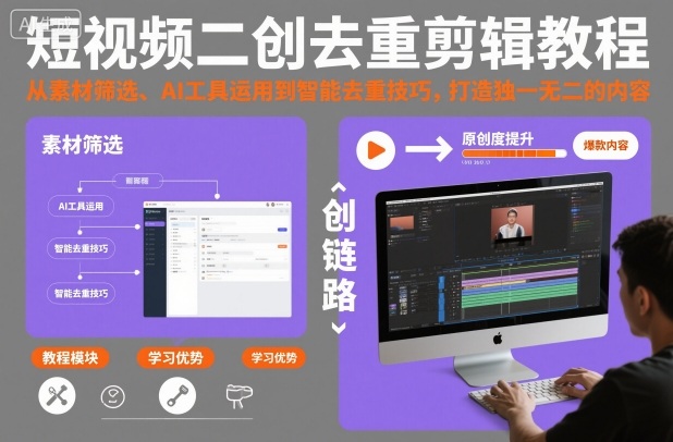 短视频二创去重剪辑教程，从素材筛选、AI工具运用到智能去重技巧，打造独一无二的内容-优创项目网