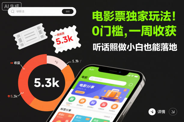 电影票独家玩法！0门槛，一周收获5.3k，听话照做小白也能落地【揭秘】-优创项目网