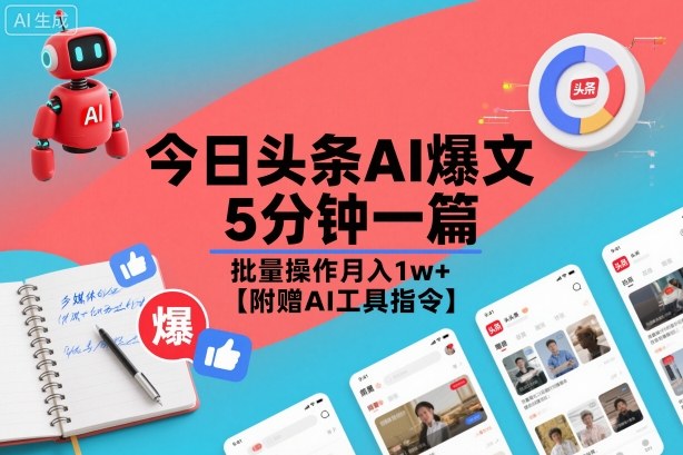 今日头条AI爆文，5分钟一篇，批量操作月入1w+【附赠AI工具指令】-优创项目网