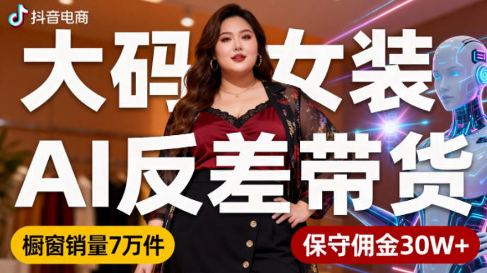 抖音小众赛道，大码女装AI反差带货，不用直播，每天6条作品，橱窗卖7万件，保守佣金30W+-优创项目网