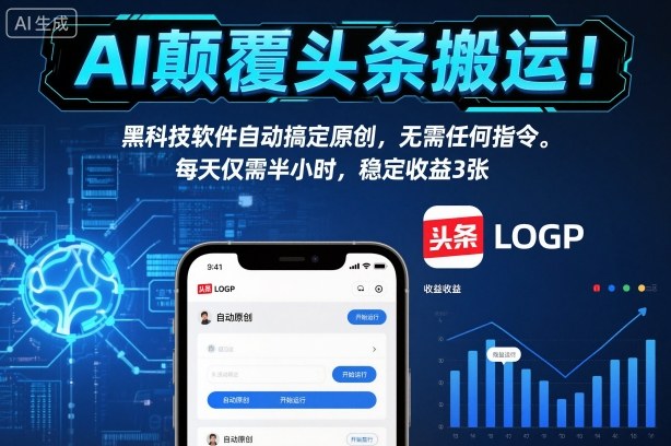 AI颠覆头条搬运！黑科技软件自动搞定原创，无需任何指令。每天仅需半小时，稳定收益3张【揭秘】-优创项目网