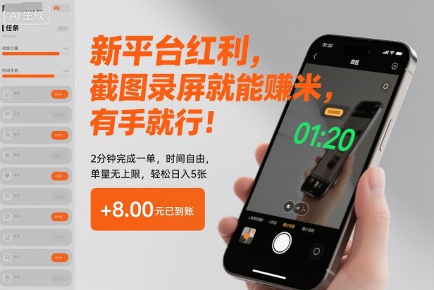 新平台红利，截图录屏就能賺米，有手就行！2分钟完成一单，时间自由，单量无上限，轻松日入5张【揭秘】-优创项目网