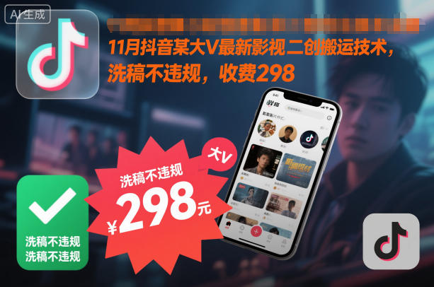 11月抖音某大V最新影视二创搬运技术，洗稿不违规，收费298-优创项目网