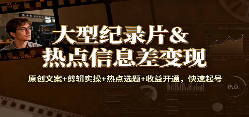 大型纪录片&热点信息差变现：原创文案+剪辑实操+热点选题+收益开通，快速起号-优创项目网