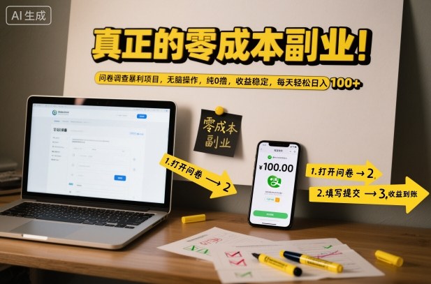 真正的零成本副业！问卷调查暴利项目，无脑操作，纯0撸，收益稳定，每天轻松日入100+【揭秘】-优创项目网