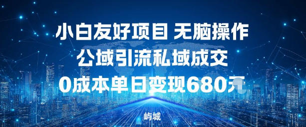 小白友好项目，无脑操作，公域引流私域成交，0成本单日变现680米-优创项目网