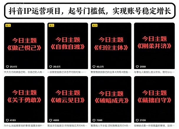 抖音IP运营项目，抖音今日主题玩法，起号门槛低，实现账号稳定增长-优创项目网