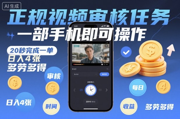 正规视频审核任务，一部手机即可操作，20秒完成一单，日入4张，多劳多得【揭秘】-优创项目网