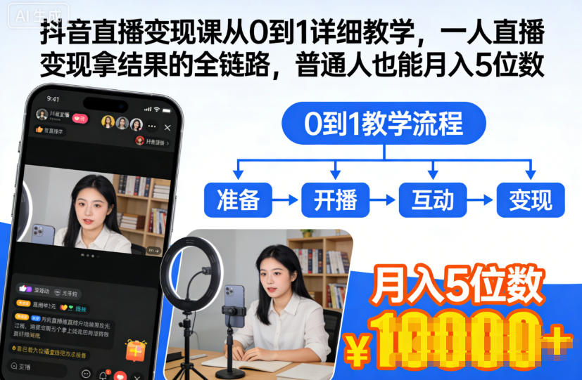 抖音直播变现课从0到1详细教学，一人直播变现拿结果的全链路，普通人也能月入5位数-优创项目网