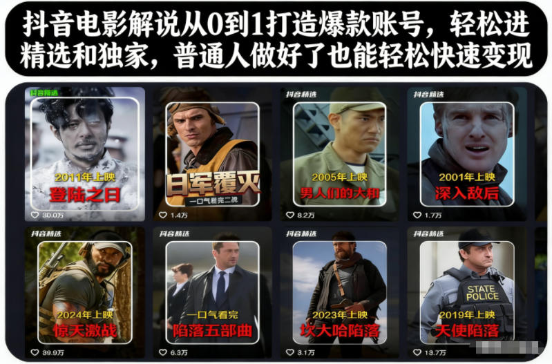 抖音电影解说从0到1打造爆款账号，轻松进精选和独家，普通人做好了也能轻松快速变现-优创项目网