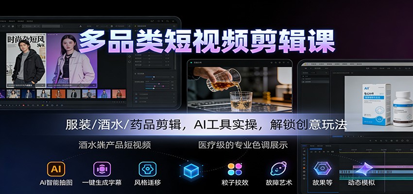 多品类短视频剪辑课：服装/酒水/药品剪辑，AI工具实操，解锁创意玩法-优创项目网
