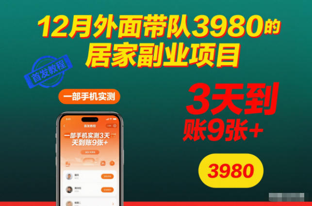 12月外面带队3980的居家副业项目，一部手机实测3天到账9张+，首发教程【揭秘】-优创项目网