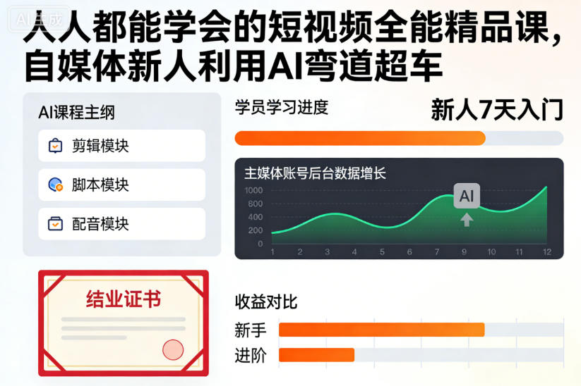 人人都能学会的短视频全能精品课，自媒体新人利用AI弯道超车-优创项目网