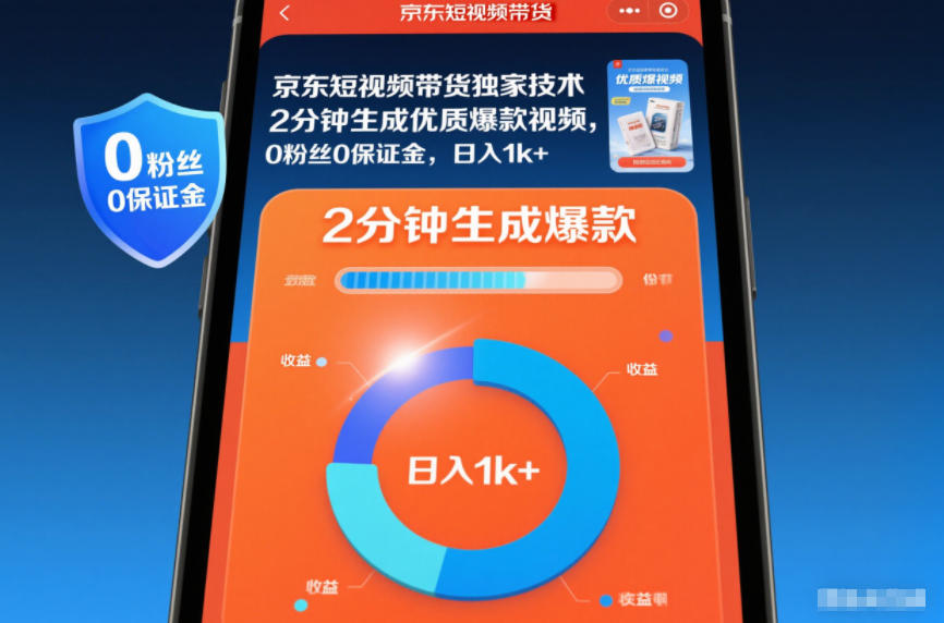 京东短视频带货独家技术，2分钟生成一条优质爆款视频，0粉丝0保证金，日入1k+【揭秘】-优创项目网
