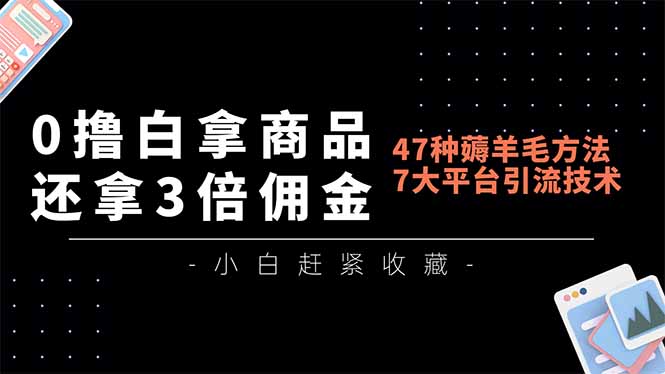 0撸白拿商品，还拿3倍佣金，47种薅羊毛方法，7大平台全方位引流技术教学，精专月入过万-优创项目网