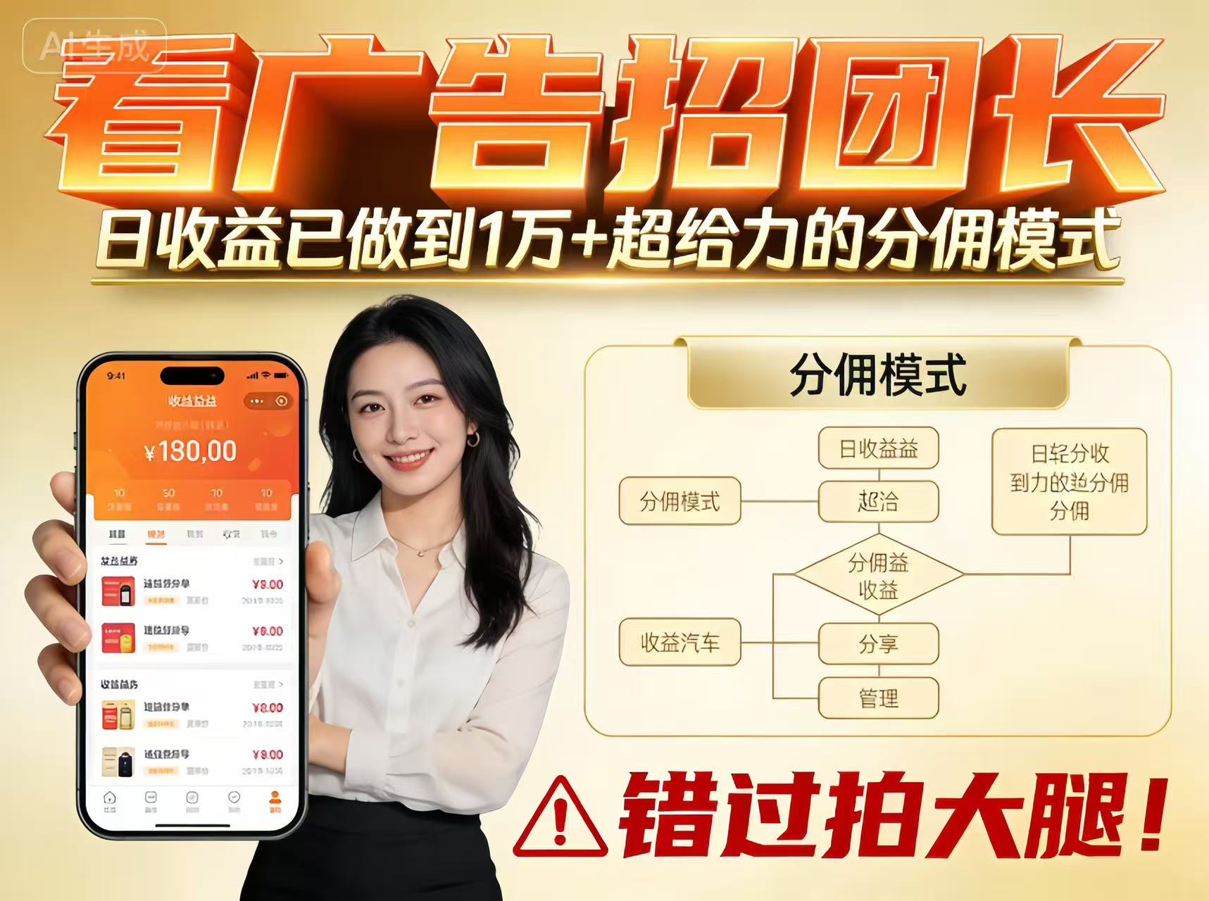 看广告招团长，团队收益已做到日入1万，分佣模式超给力，错过拍大腿-优创项目网