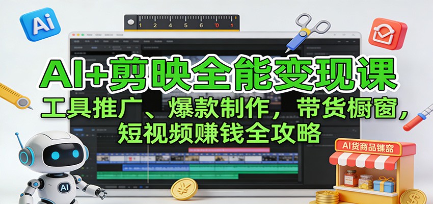 AI+剪映全能变现课：工具推广、爆款制作、带货橱窗，短视频赚钱全攻略-优创项目网