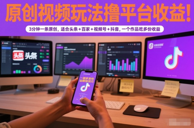 原创视频玩法撸平台收益，3分钟一条原创，适合头条+百家+视频号+抖音，一个作品吃多份收益-优创项目网