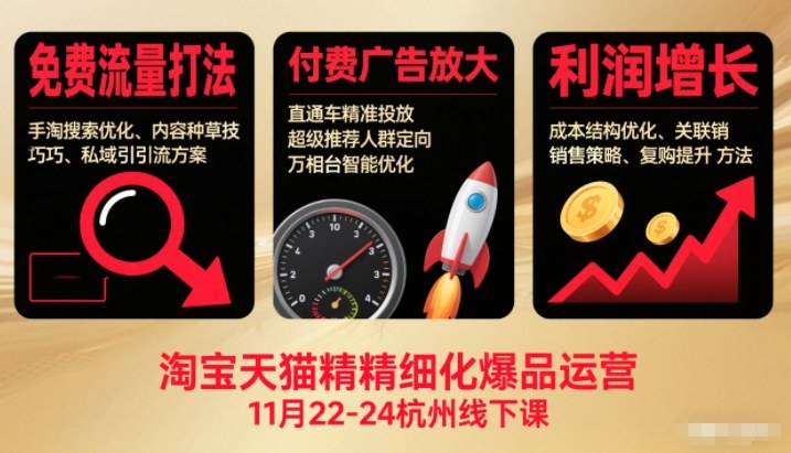 淘宝天猫精细化爆品运营11月22-24杭州线下课，免费流量打法+付费广告放大+利润增长(音频+文档)-优创项目网