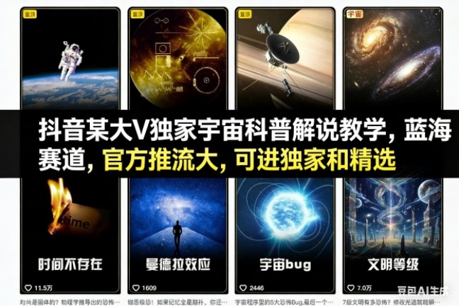 抖音某大V独家宇宙科普解说教学，蓝海赛道，官方推流大，可进独家和精选-优创项目网