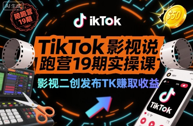 TikTok影视解说陪跑营19期实操课，影视二创发布TK賺取收益，万播收益50美金(更新)-优创项目网