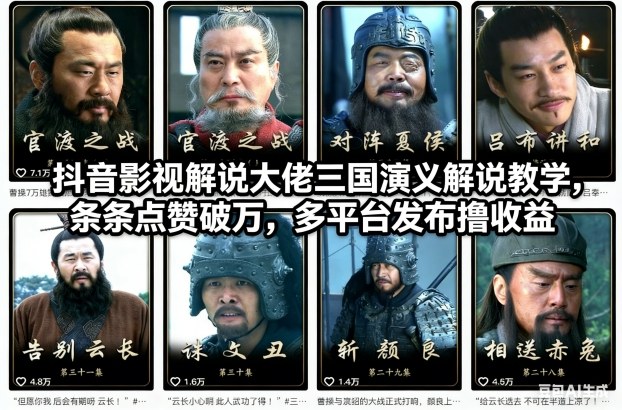 抖音影视解说大佬三国演义解说教学，条条点赞破万，多平台发布撸收益-优创项目网