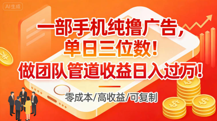 一部手机纯撸广告，单日三位数，做团队管道收益日入过1W-优创项目网