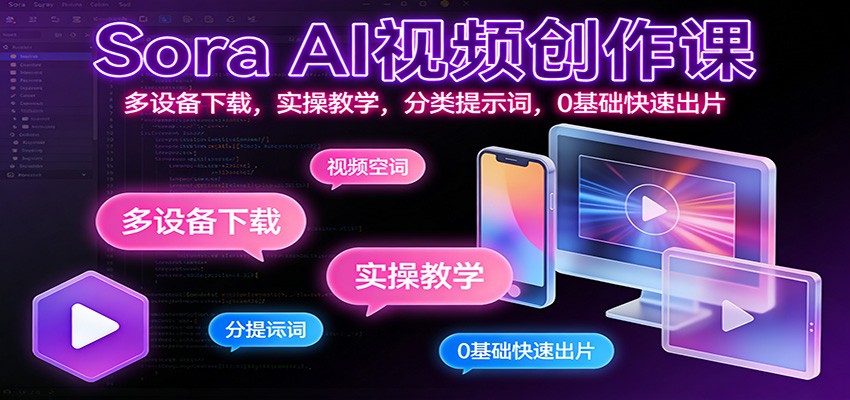 Sora AI视频创作课：多设备下载，实操教学，分类提示词，0基础快速出片-优创项目网