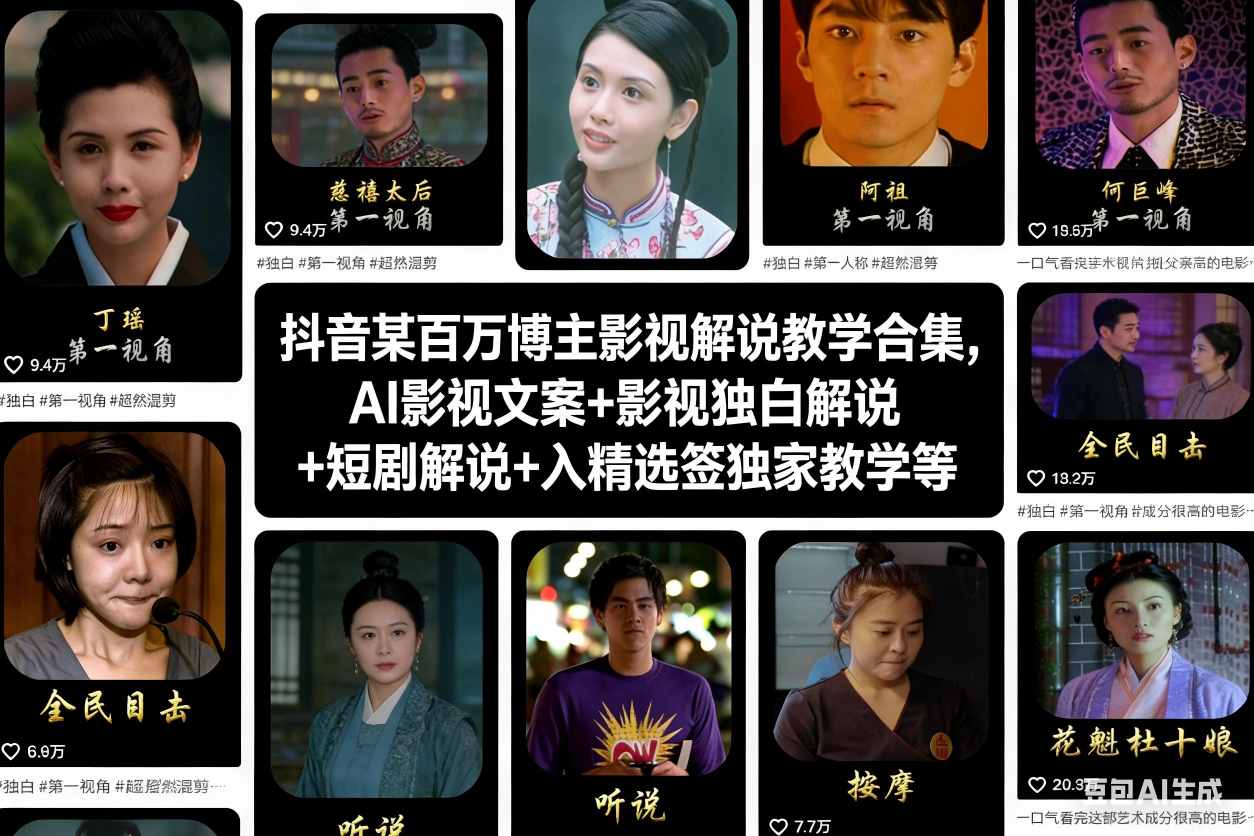 抖音某百万博主影视解说教学合集，AI影视文案+影视独白解说+短剧解说+入精选签独家教学等-优创项目网