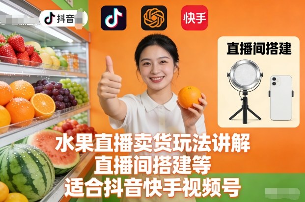 水果直播卖货玩法讲解、直播间搭建等，适合抖音快手视频号-优创项目网