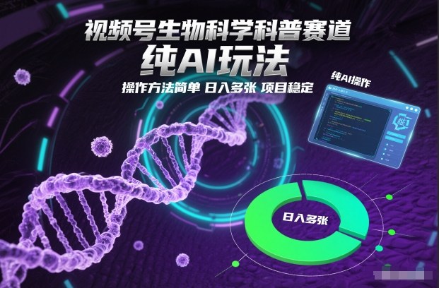 视频号生物科学科普赛道，纯AI玩法，操作方法简单，日入多张，项目稳定-优创项目网