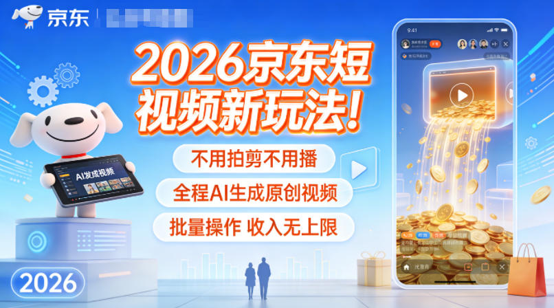2026京东短视频新玩法！不用拍剪不用播，全程AI生成原创视频，批量操作收入无上限-优创项目网
