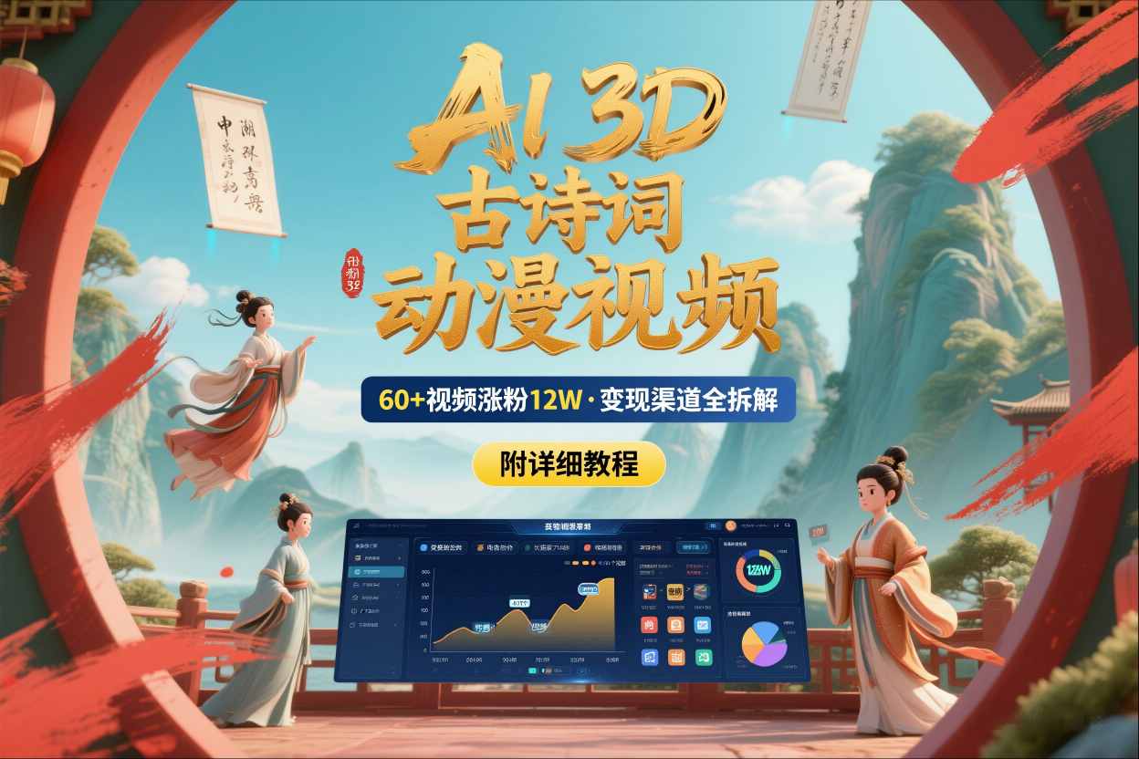 AI制作3D古诗词动漫视频，60多个视频涨粉12W，多个变现渠道拆解【附详细教程】-优创项目网