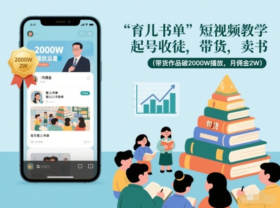 育儿书单短视频教学，起号收徒，带货，卖书(带货作品破2000W播放，月佣金2W)-优创项目网