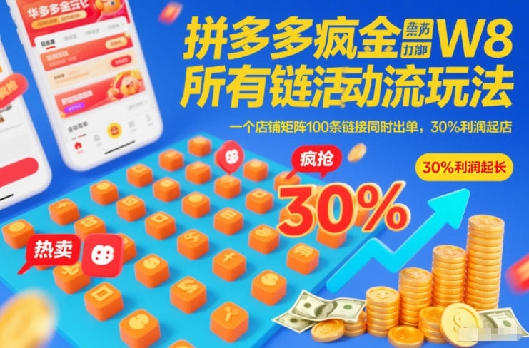 拼多多疯狂活动流玩法，所有链接全部打标，一个店铺矩阵100条链接同时出单，30%利润起店-优创项目网