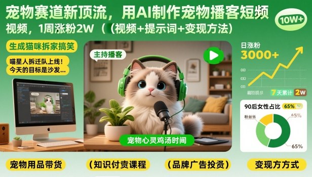 宠物赛道新顶流，用AI制作宠物播客短视频，1周涨粉2W(视频+提示词+变现方法)-优创项目网