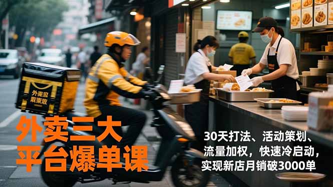 外卖三大平台爆单课，30天打法、活动策划、流量加权，快速冷启动，实现新店月销破3000单-优创项目网