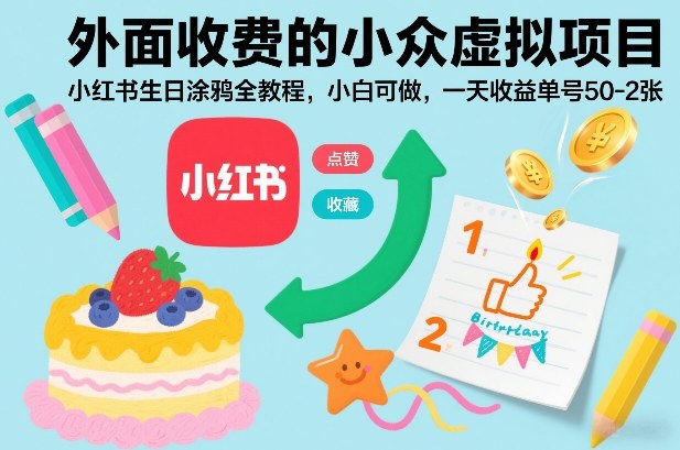 外面收费的小众虚拟项目，小红书生日涂鸦全教程，小白可做，一天收益单号50-2张-优创项目网