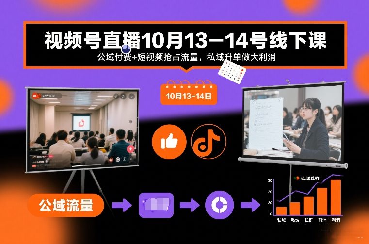 视频号直播10月13-14号线下课，公域付费+短视频抢占流量，私域升单做大利消-优创项目网
