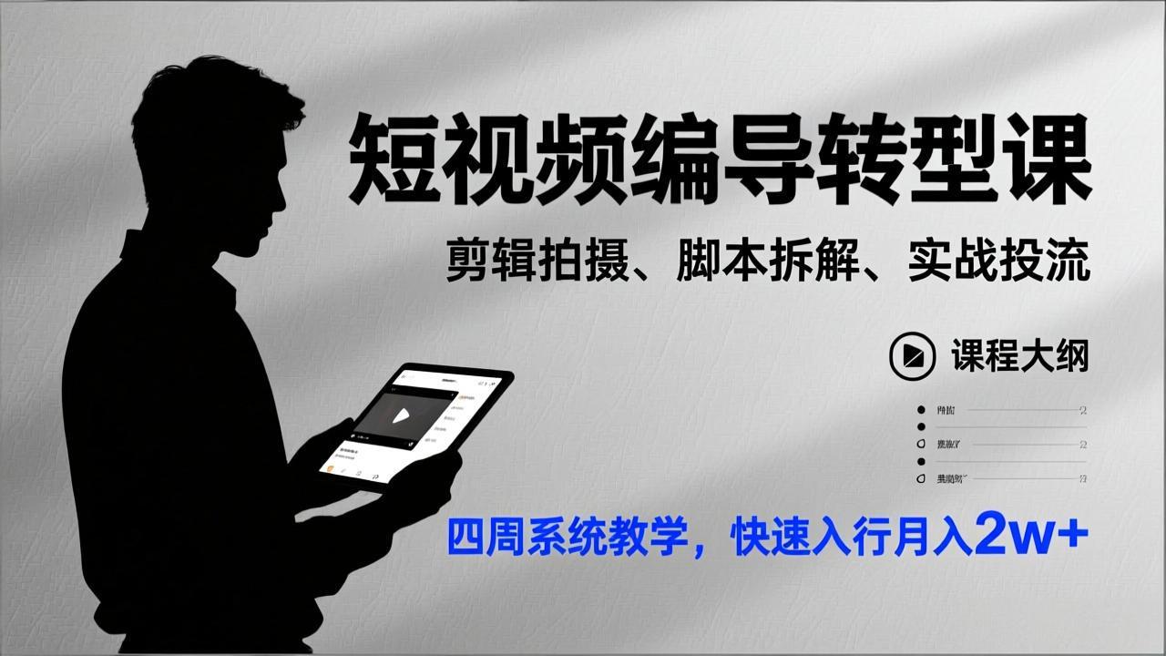 短视频编导转型课，剪辑拍摄、脚本拆解、实战投流，四周系统教学，快速入行月入2w+-优创项目网