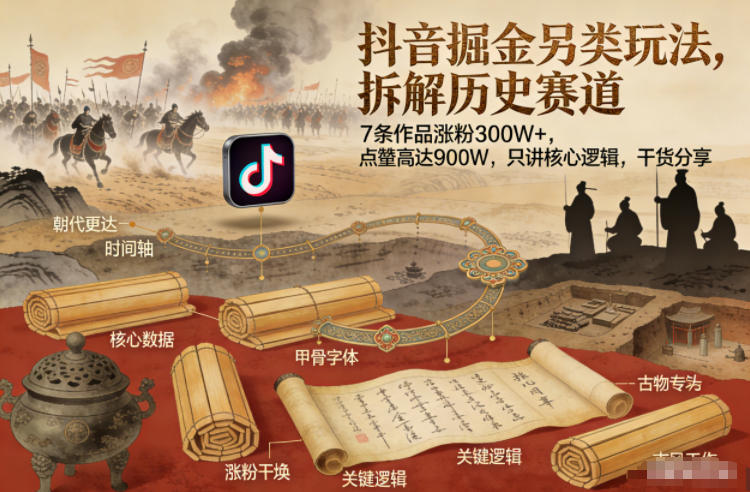 抖音掘金另类玩法，拆解历史赛道，7条作品涨粉300W+，点赞量高达900W，只讲核心逻辑，干货分享-优创项目网