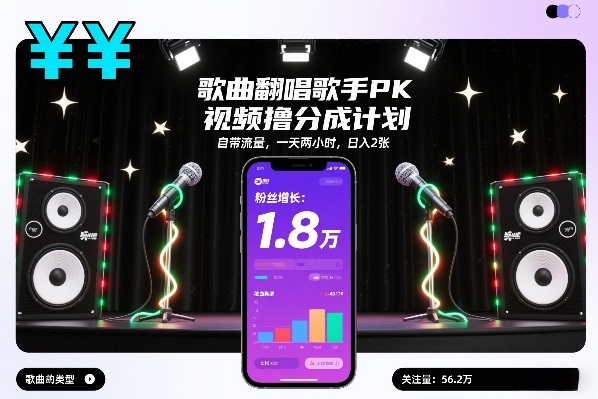 歌曲翻唱歌手PK视频撸分成计划，自带流量，一天两小时，日入2张-优创项目网