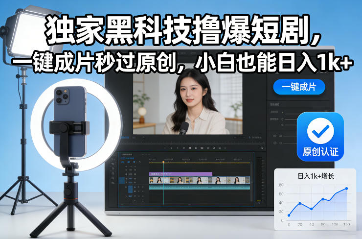独家黑科技撸爆短剧，一键成片秒过原创，小白也能日入1k+【揭秘】-优创项目网
