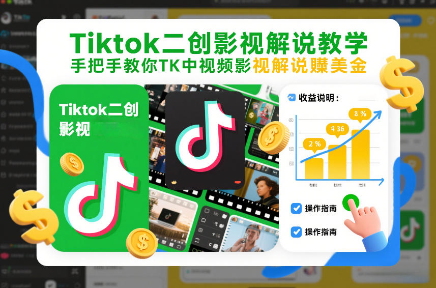 Tiktok二创影视解说教学，手把手教你TK中视频影视解说賺美金(更新26年1月)-优创项目网