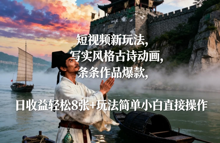 短视频新玩法，写实风格古诗动画，条条作品爆款，日收益轻松8张+玩法简单小白直接操作-优创项目网