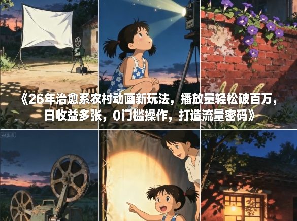 26年治愈系农村动画新玩法，播放量轻松破百万，日收益多张，0门槛操作，打造流量密码-优创项目网