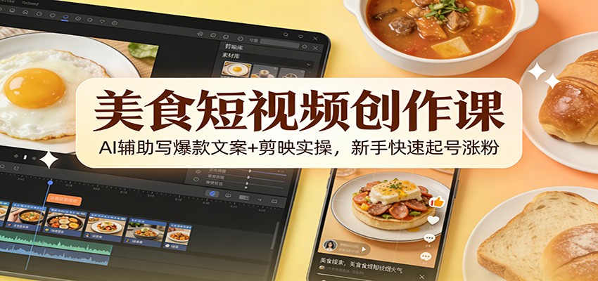 美食短视频创作课：AI辅助写爆款文案+剪映实操，新手快速起号涨粉-优创项目网