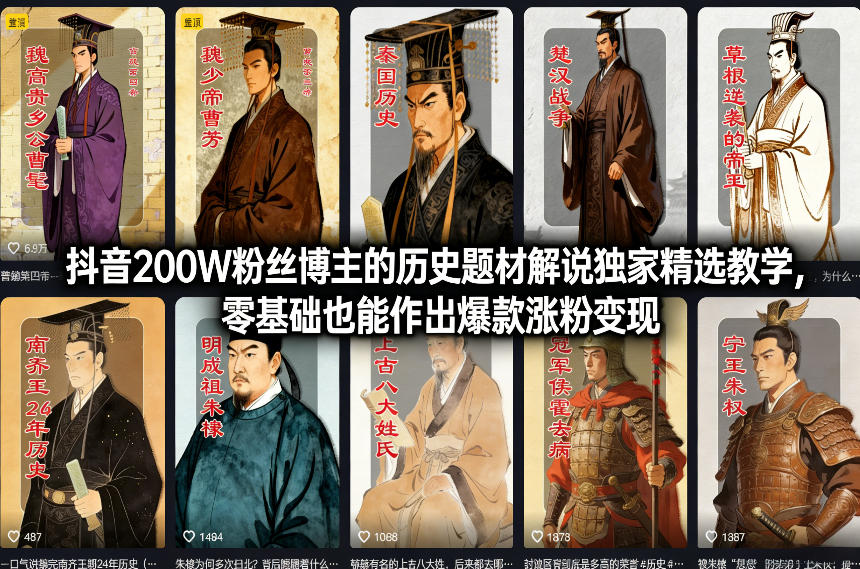 抖音200W粉丝博主的历史题材解说独家精选教学，零基础也能作出爆款涨粉变现-优创项目网
