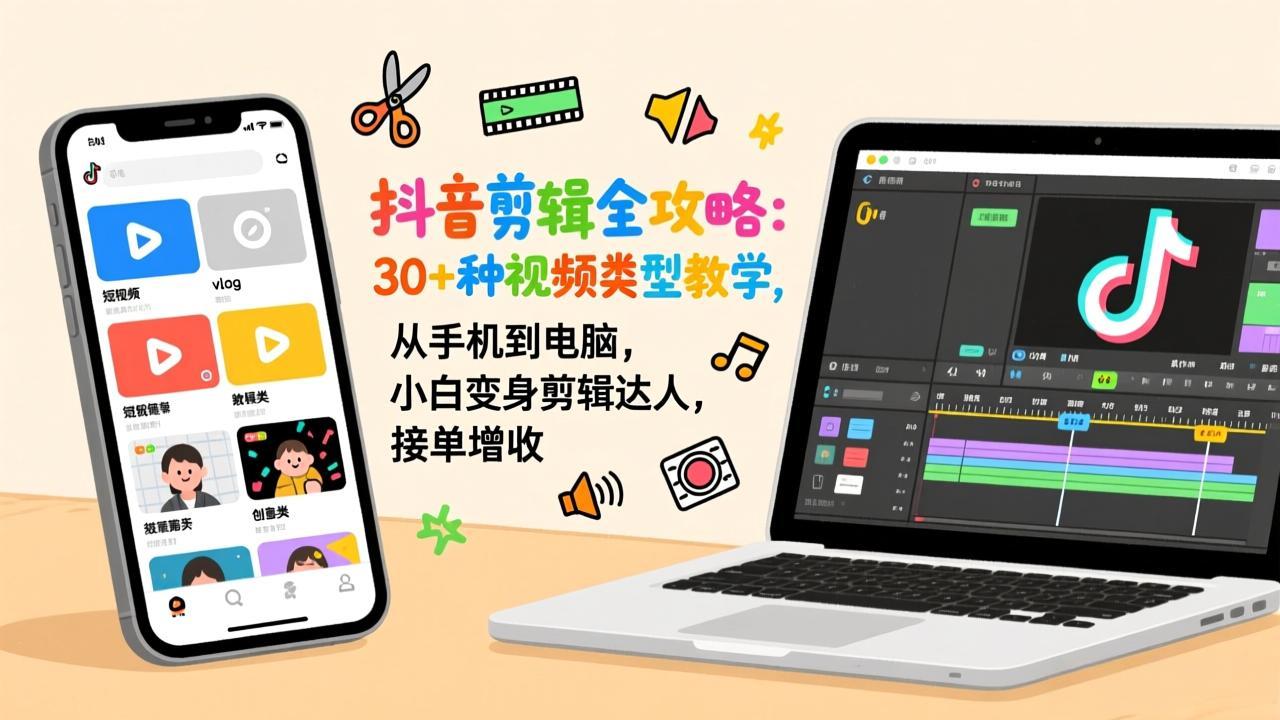 抖音剪辑全攻略：30+种视频类型教学，从手机到电脑，小白变身剪辑达人，接单增收-优创项目网